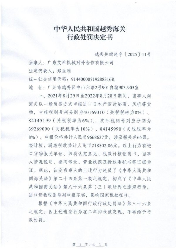 盟牛配资 广东艾希机械对外合作有限公司因违规申报被罚10.5万元